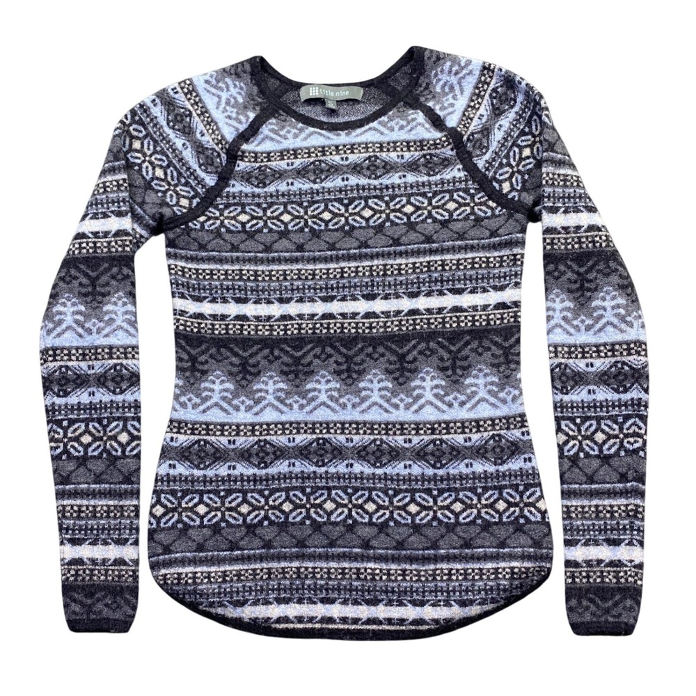 Title Nine Merino Wool Fair Isle Sweater Grey Blue Nordic Knit Top Small Boho